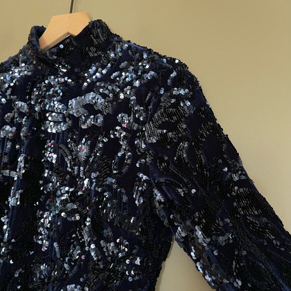 Alexis Rhapsody Dress Navy Blue Velvet Sequin Size Medium Turtleneck Mini Sexy - Picture 14 of 16
